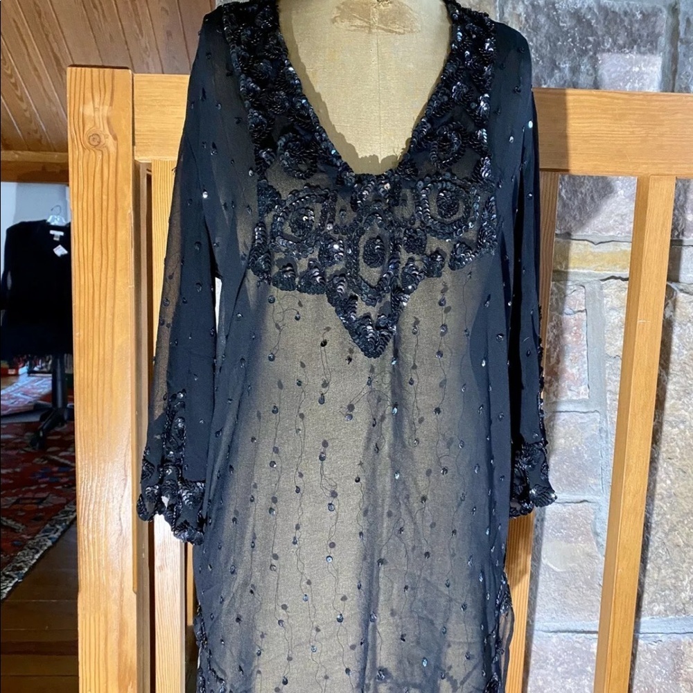 Newport News Black Sheer Sequin V-Neck Tunic Top Women’s Large NWT - Picture 4 of 6